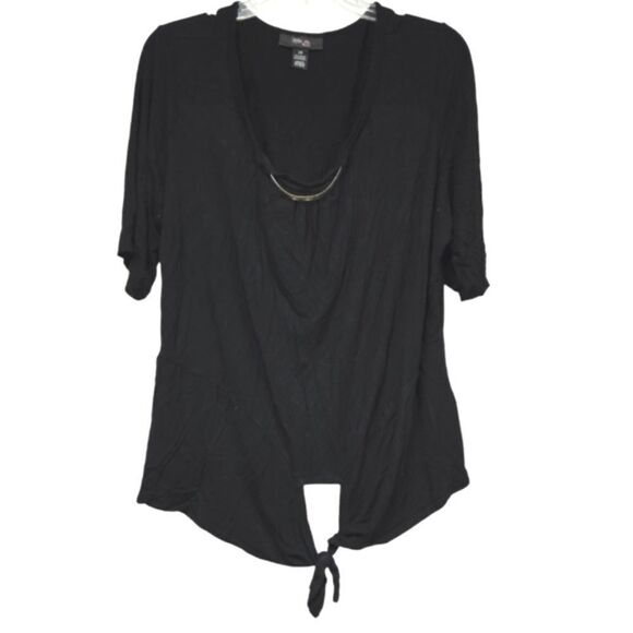 Style & Co Silver Neck Bar Solid Black Tie Front Short Sleeve Tee Ladies Top 2X - Picture 1 of 7